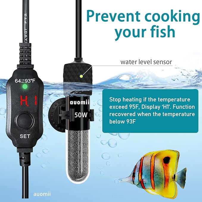 Small Submersible Aquarium Heater,Adjustable Mini Fish Tank Heater 25/50/100/150/200/300 Watts with External Temperature Controller, LED Display, Smart Memory, Used for 1-60 Gallons (100W)