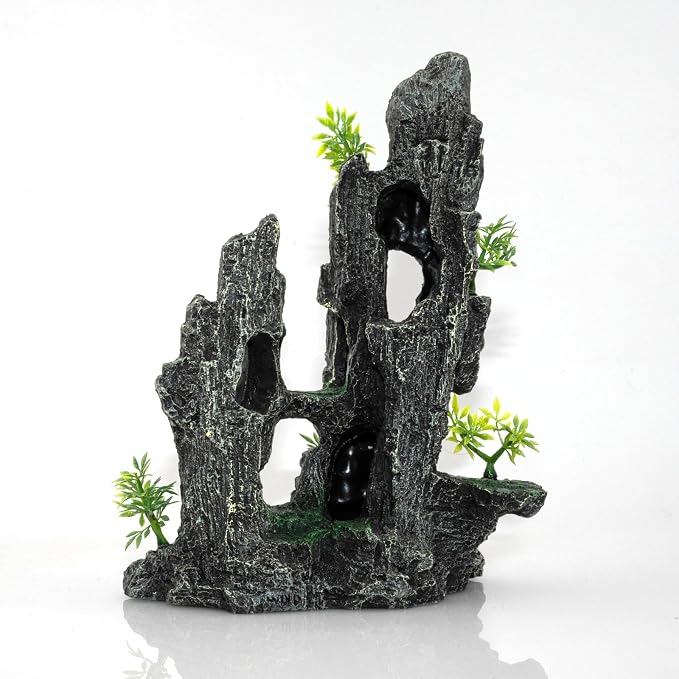 Aquarium Mountain View Stone Ornament, Large Resin Hideout Cave for Betta & Shrimp, Fish Tank Decor Rock Cave with Fish Cave and Hideouts (8.1" x 4.7" x 10")