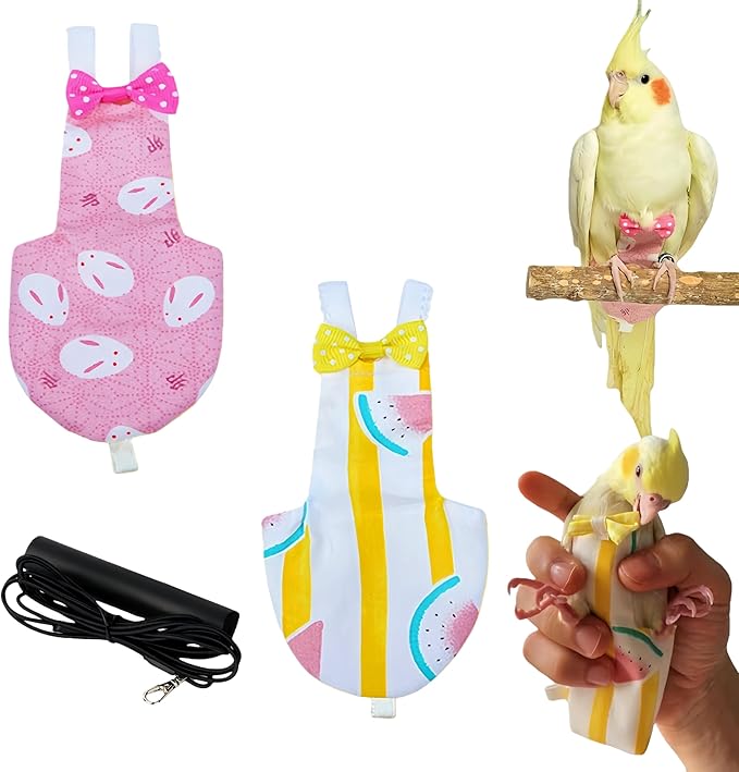 2Pcs Bird Diapers Bird Harness Flight Suits Diapers with 80 Inch Flying Leash Parrot Nappy Washable Cute Urine Wet Suit for Cockatiel Conure Macaw Budgies Parakeet-Rabbit&Watermelon,M