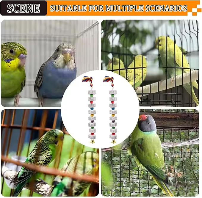 2PCS Bird Beak Grinding Stone, 13.8" Mineral Block for Birds with Bell, Hanging Parrot Chewing Toys for Cage Budgies Cockatiel Hamster Chinchilla