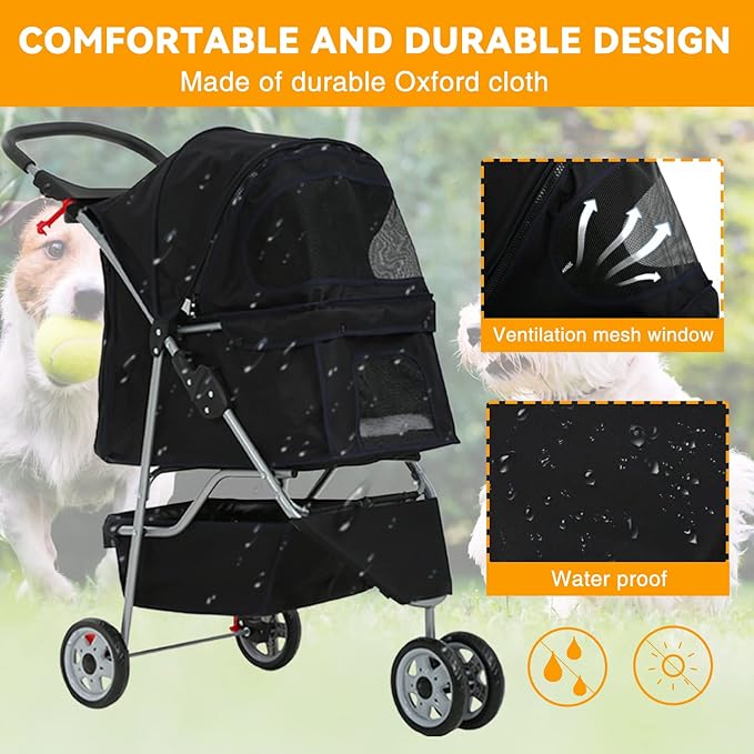 HCY Folding Dog Stroller, 3 Wheels Pet Strollers Pet Gear for Small Medium Cats Dogs Puppy with Storage Basket, Cup Holder,Lightweight-Black, 35x17x38 Inch