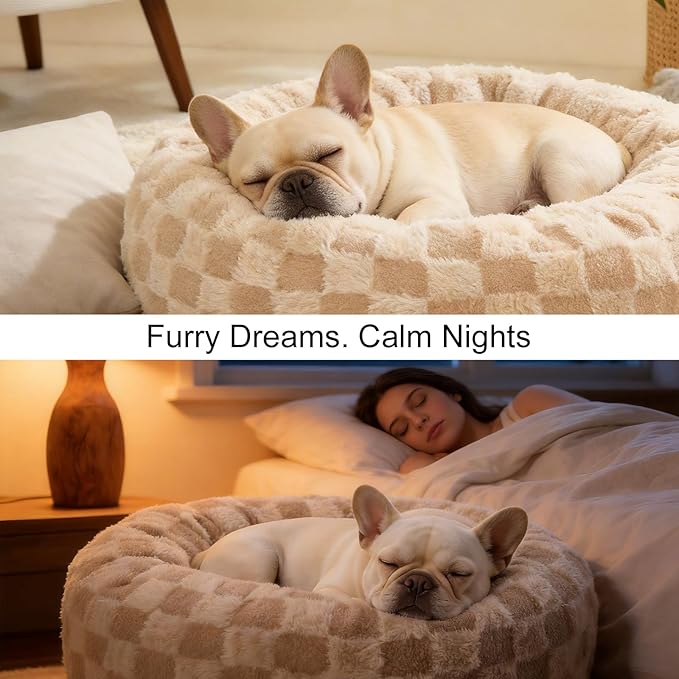 Dog Calming Beds for Small Medium Large Dogs - Round Donut Washable Puppy Dog Bed, Anti-Slip Faux Fur Fluffy Donut Cuddle Anxiety Cat Pet Bed (24" Grid)