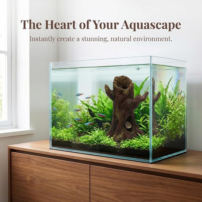 DECHOUS Aquarium Decor Resin Hollow Tree Trunk, Fish Tank Hideout Cave Simulation Driftwood Root Terrarium Accessories for Betta Fish, Shrimps, Reptiles Amphibians