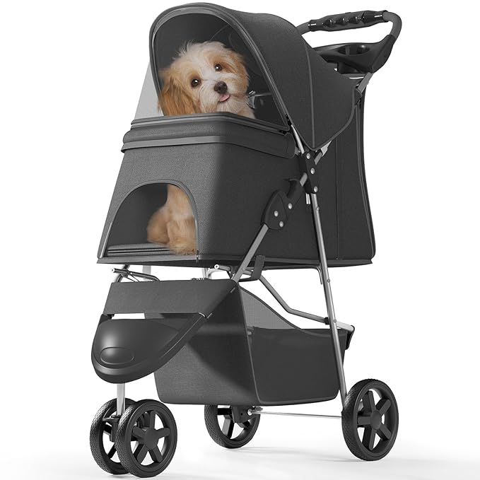 OS MOTOR Pet Stroller with 3 Wheels for Small/Medium Pets, Portable Travel Foldable Carrier Jogger for Dog Cat Puppy Kitty, Rear Wheel Breaks, Storage Basket, Visible Mesh with Weather Cover (Black)