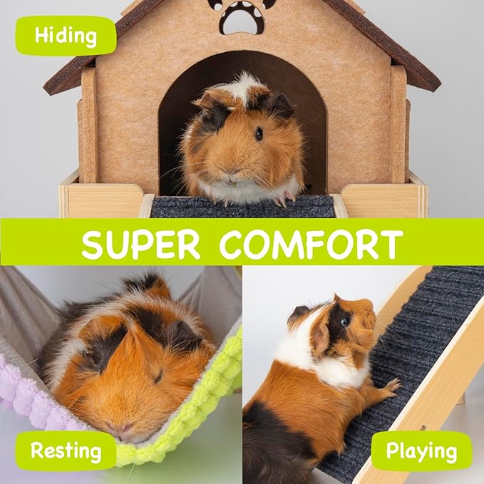 BESNEW 3 in 1 Enlarged Guinea Pig Hammock,Wooden Guinea Pig Hideout with House & Platform & Stairs Small Animal Toys for Hiding Sleeping Activities