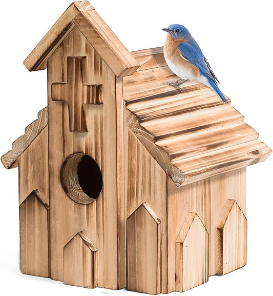 Church Birdhouse for Outside, Wooden Hanging Bird Houses, Weather-Resistant Garden Decor for Bluebird,Sparrow,Finch,Cardinal, Outdoor Bird Nest Box with Predator-Proof Entrance Hole