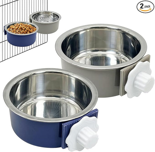 Tfwadmx 2 Pcs Crate Dog Bowl Cat Removable Stainless Steel Food and Water Feeder Hanging Cage Bowls Coop Cup with Cleaning Set for Pet Puppy Bird Rat Guinea Pig Bunny Rabbit (Dark Blue, Gray)