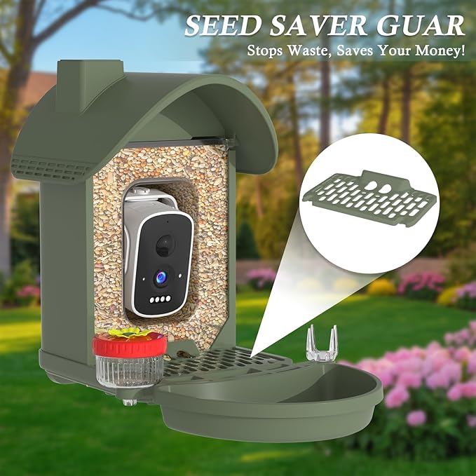 Bird Feeder with Camera, 3K Smart Bird Camera with AI Identification & Bird Bath, Solar Powered Wireless Outdoor Bird House with Spill-Proof Net, Ideal Backyard Watching Gift to Bird Lovers