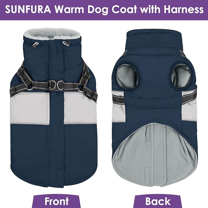 Dog Winter Coat, Waterproof Dog Coat Jacket with Harness for Medium Dogs Boys Girls, Reflective Fleece Lined Pet Snow Jacket Sweaters for Pug, Jack Russel, Boston Terrier, Navy Blue M