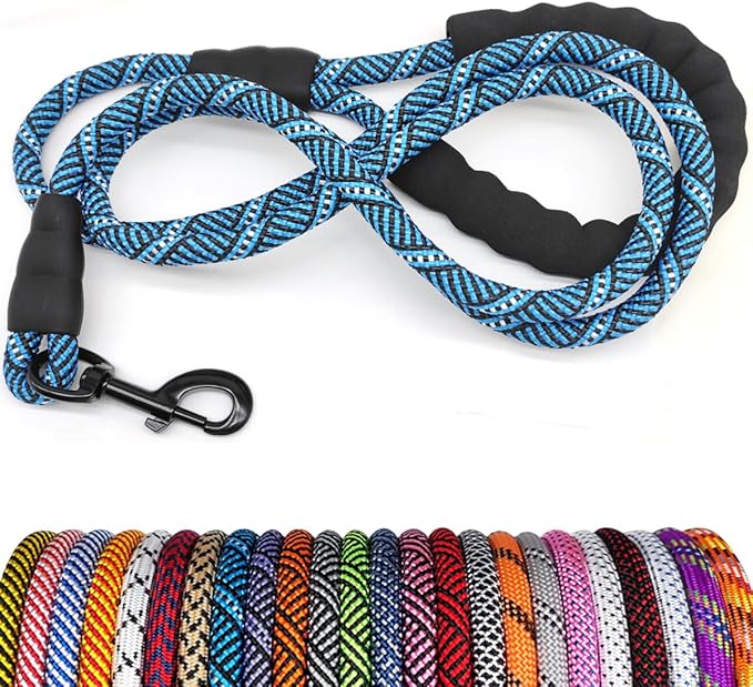 MayPaw Heavy Duty Rope Dog Leash, 3/4/5/6/7/8/10/12/15 FT Nylon Pet Leash, Soft Padded Handle Thick Lead Leashes for Large Medium Dogs (Blue Black, 1/2" * 12')