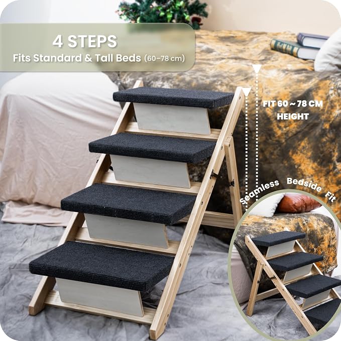 MEWANG Wood Pet Stairs & Ramp for Small/Medium Dogs & Cats, Aging Pets – 2-in-1 Foldable, Portable, Non-Slip Pet Ladder for Tall Beds, Couches, Cars – Holds Up to 220 lbs (31.5" L x 17.2" W x 25.0" H)
