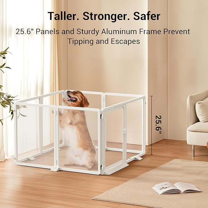 Clear Acrylic Pet Playpen, 25.6" H Transparent Dog Fence with Support Feet, Sturdy & Stylish Indoor Enclosure for Puppy, Cat, Rabbit, Easy to Assemble & Clean