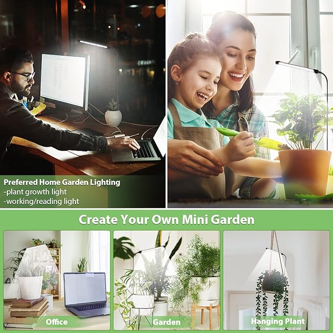 Grow Light for Indoor Plants Growing, 6000K Full Spectrum Gooseneck Plant Lamp for Seedings Succulents Small Plants, Auto On/Off Timing & 5 Dimming, 1-Pack