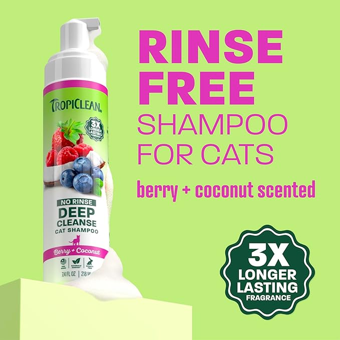 TropiClean Berry & Coconut Waterless Cat Shampoo | Deep Cleansing Dry Shampoo for Cats | Natural Cat Shampoo Derived from Natural Ingredients | Made in the USA | 7.4 oz.