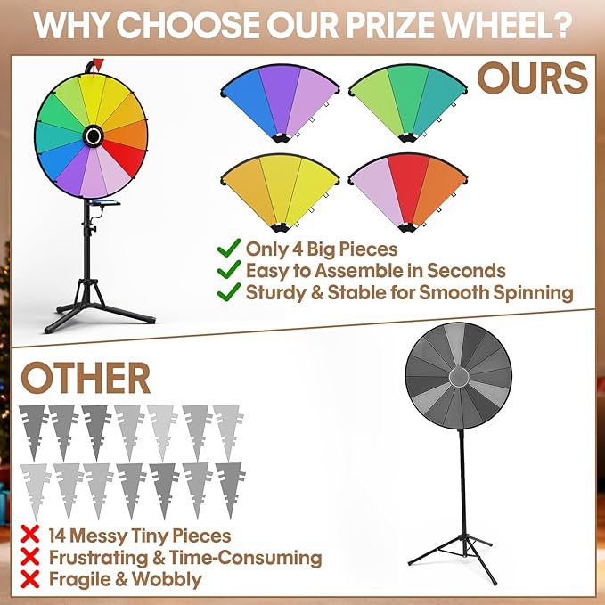 KOOV 24 Inch Prize Wheel, Adjustable 55"-61" Height Spinning Wheel for Prizes, Storable Wheel Spinner with Stand- Roulette Wheel for Party Games, Carnival, Business Events & Classroom Activities