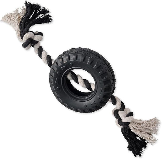 Pet Passion Natural Rubber Tire and Organic Cotton Rope Pull and Chew Dog Toy for All Pet Breeds, Black, Small