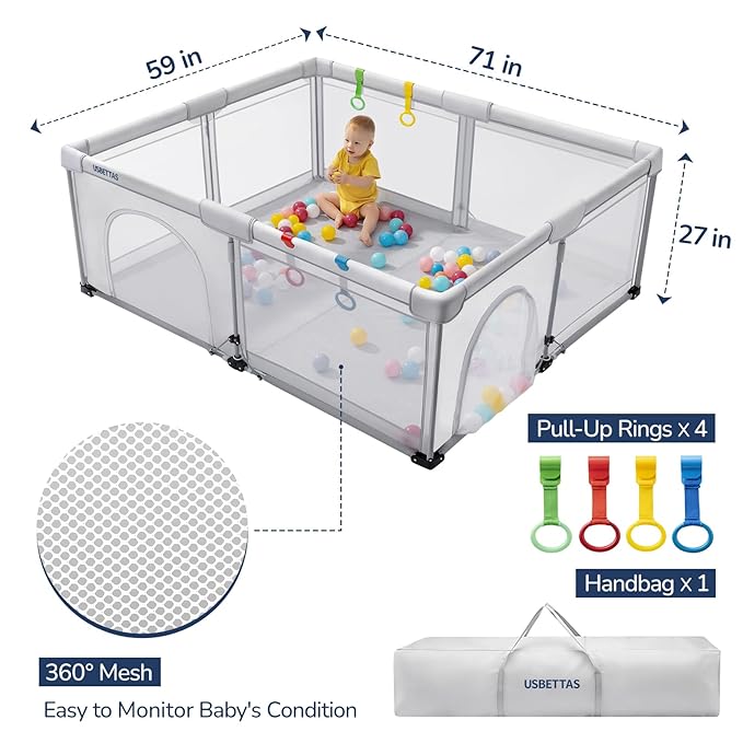 Foldable Baby Playpen, 1-Minute Setup, Lightweight Portable Playpen with Carry Bag, 59"x71" Indoor Outdoor Safty Play Yard for Babies & Toddlers, Light Gray