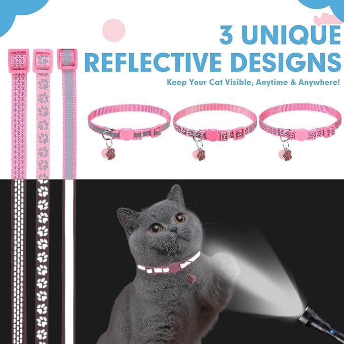 BINGPET Reflective Cat Collar Breakaway with Bells,3 Pack Kitten Collar for Girl Boy Cats with Cute Pendant Glow in The Dark,Adjustable 8''-11.8'',Pink