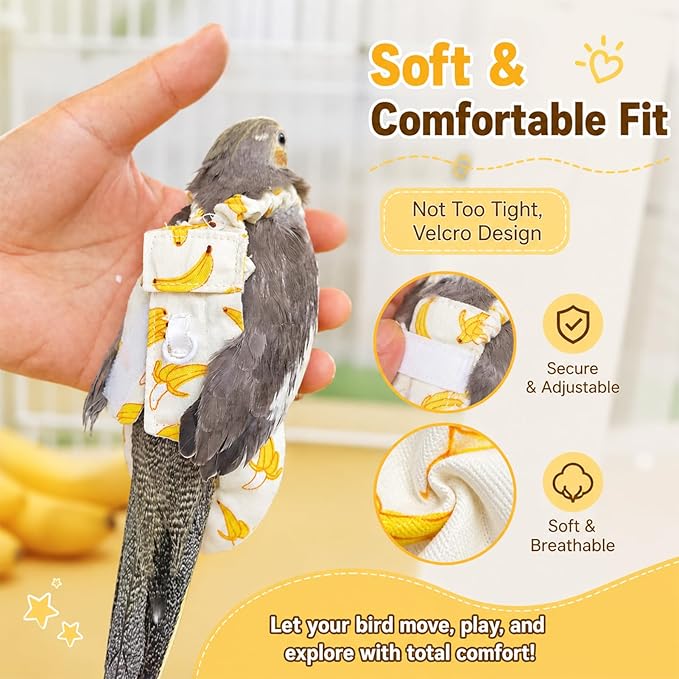 Bird Diaper and Leash Set with Harness, Cockatiel/Conure/Young Quaker Parrot Diapers with Harness, Washable Pet Bird Flight Suit Set for Outdoor Flying & Training (M)