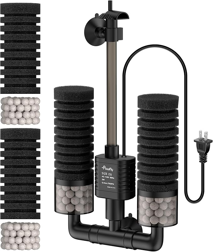 Pawfly Aquarium Sponge Filter, 70 GPH Fish Tank Filter, 3 W Submersible Small Aquarium Filter with Water Pump, Double Foams & Ceramic Balls, Quiet Bio Sponge Filter for 10-40 Gallon Tanks