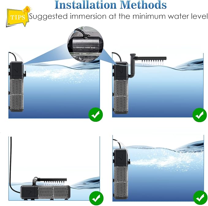 AQQA Submersible Aquarium Filter, Adjustable Flow with Aeration System | Ultra Quiet, Biochemical Sponge Filtration, Fish Tank Filter Built-in Rainfall Aerator, Fits Tanks Up to 70 Gallon, 211GPH