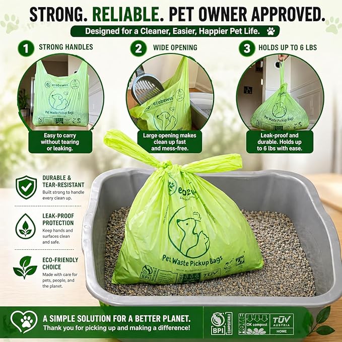 100% Compostable Pet Waste Disposal Bag (140 ct.) Plant-Based Biodegradable Cat Litter Poop Waste Pick-Up Bags with Handles Dog poop Bags Disposable Compost Food Scrap Liners (140 ct.)