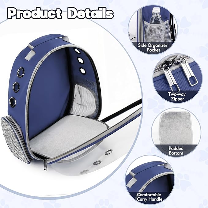 Cat Bubble Backpack, Transparent Cat Backpack for Kitten Small Dog Pet, Space Capsule Cat Backpack Carrier for Hiking Camping Travel Outdoor Use (Navy Blue)