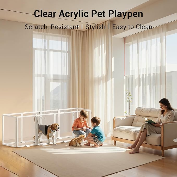Clear Acrylic Pet Playpen, 25.6" H Transparent Dog Fence with Support Feet, Sturdy & Stylish Indoor Enclosure for Puppy, Cat, Rabbit, Easy to Assemble & Clean