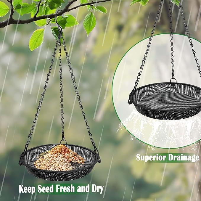 Hanging Bird Feeder for Outdoors – 9 in Metal Mesh Bird Feeder Tray Platform for Small Wild Birds, Black