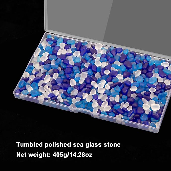 QEQEKAKA Sea Glass Stones for Crafts 1LB Mixed Blue Pebble Gemstone Bulk | Small Glass Stones for Beaching Wedding DIY Decor Aquarium Turtle Tank Vase Filler (405g/14.28oz)