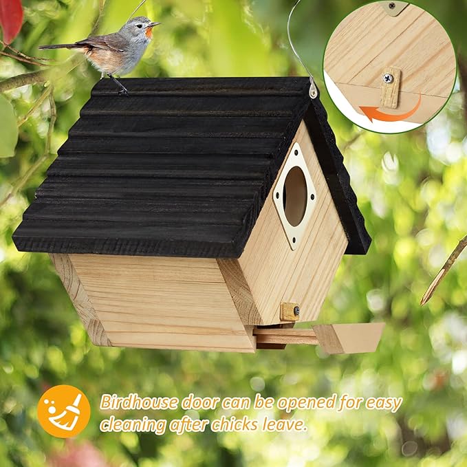 NATUREYLWL Bird House for Outside, Outdoor Bird Houses for Bluebirds, Finches & Cardinals, Wooden Birdhouse with Easy Clean Design, Hanging Birds Nest Box for Garden Decoration (8.6 x 5.9 x 7 Inch)