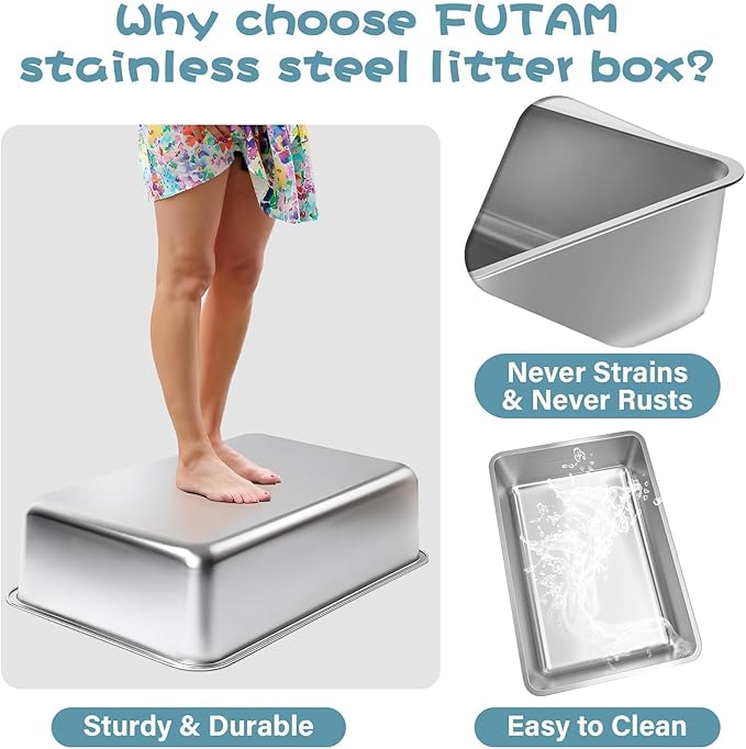 Stainless Steel Litter Box, Large Metal Cat Litter Box for Small to Medium Cats, High Sides, 18"x14"x6"，Non Stick, No Smell, Easy to Clean