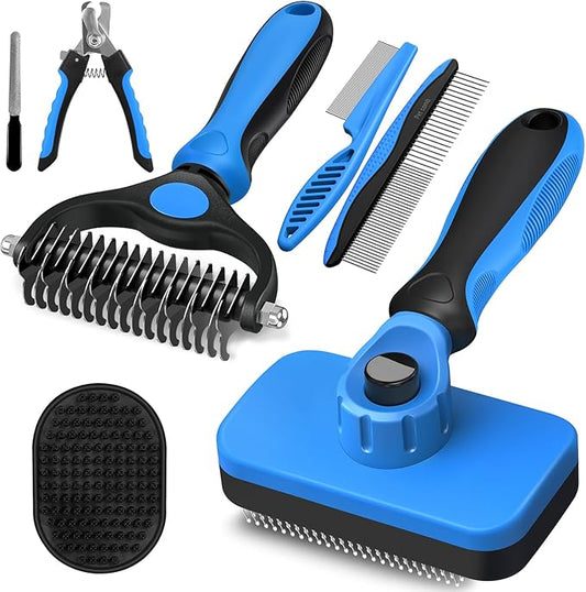 Augwind 7 in 1 Pet Grooming Kit - Dog&Cat Comb, Deshedding Brush, Nail Clipper with File, Bath Brush - Premium Pet Supplies (Blue)