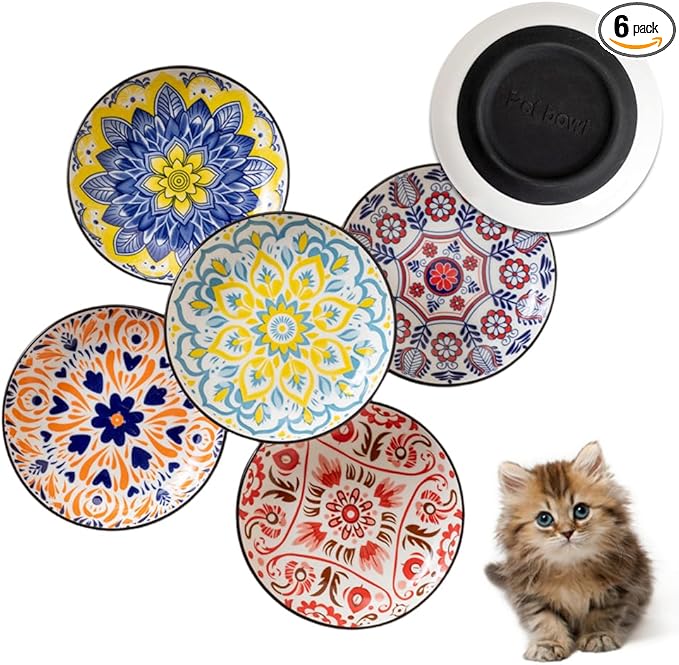 Non-Slip Cat Bowls, Ceramic Wide Pet Food Bowl Set for Relief Whisker Fatigue, 6 Pack Colorful Kitten Feeding Dishes Plates with Anti-Slip Silicone Base-Microwave and Dishwasher Safe, 8.5 oz