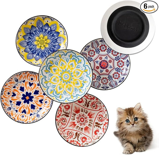 Non-Slip Cat Bowls, Ceramic Wide Pet Food Bowl Set for Relief Whisker Fatigue, 6 Pack Colorful Kitten Feeding Dishes Plates with Anti-Slip Silicone Base-Microwave and Dishwasher Safe, 8.5 oz