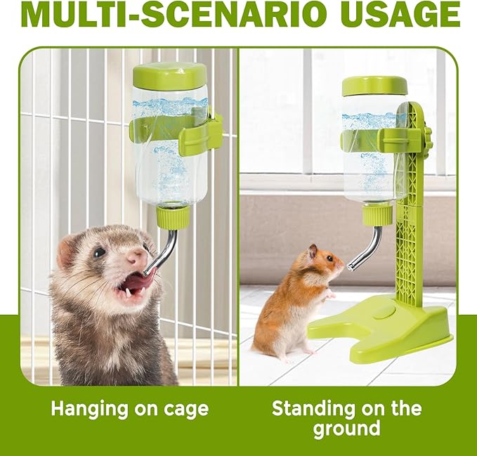 VANNON Pet Standing Water Dispenser Top Fill Dog Water Bottle Dispenser with Stand Leakproof Pet Slow Water Bottle for Small Animals, 13oz, BPA Free, Adjustable Height, Green