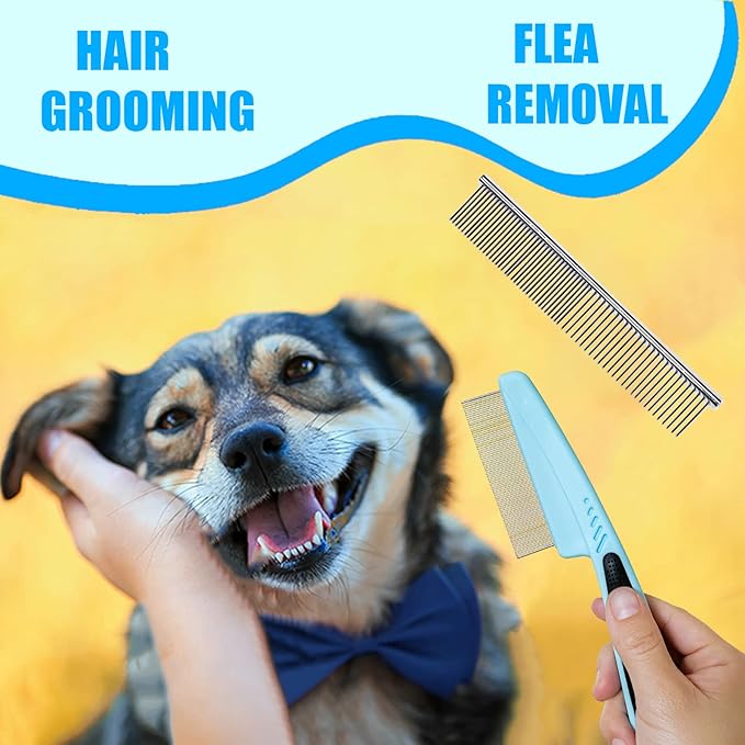 Dog Brush Grooming Kit 5PCS - Dog Brush for Shedding,Puppy Brush and Flea Comb for Dogs, Slicker Brush Comb and Dog Hair Brush Set Blue, Grooming at Home or Travel