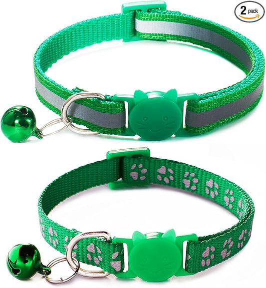Green Cat Collars with Bells, [2 Pack] Break Away Cat Collar with Bells, Reflective Kitten Collar Breakaway for Boy Pet Cats Kitty
