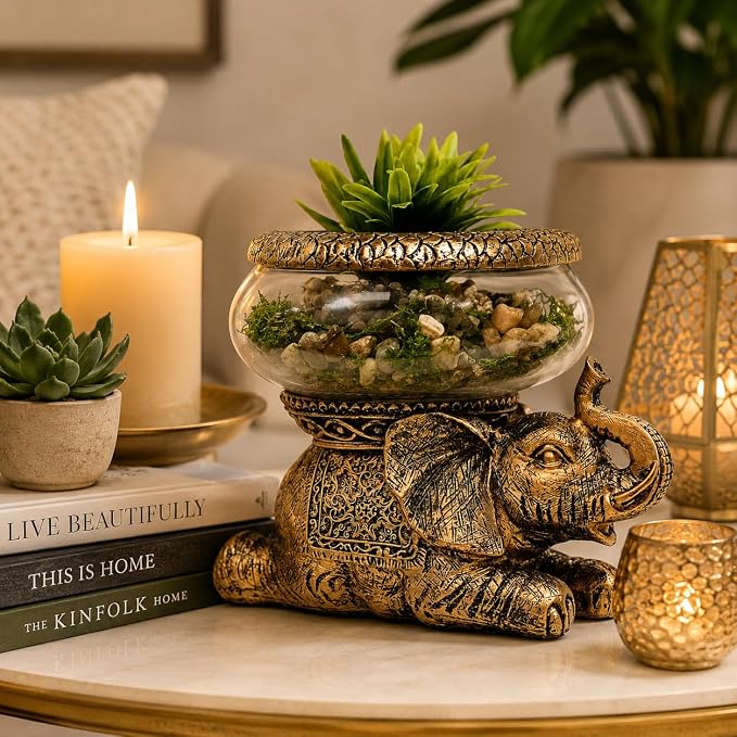 Good Luck Elephant Terrarium Bowl, Antique Gold | Elephant Figurine with Removable Glass Bowl, Succulent Planter, Candle Holder, Air Plant Display, Zen Home Décor Accent