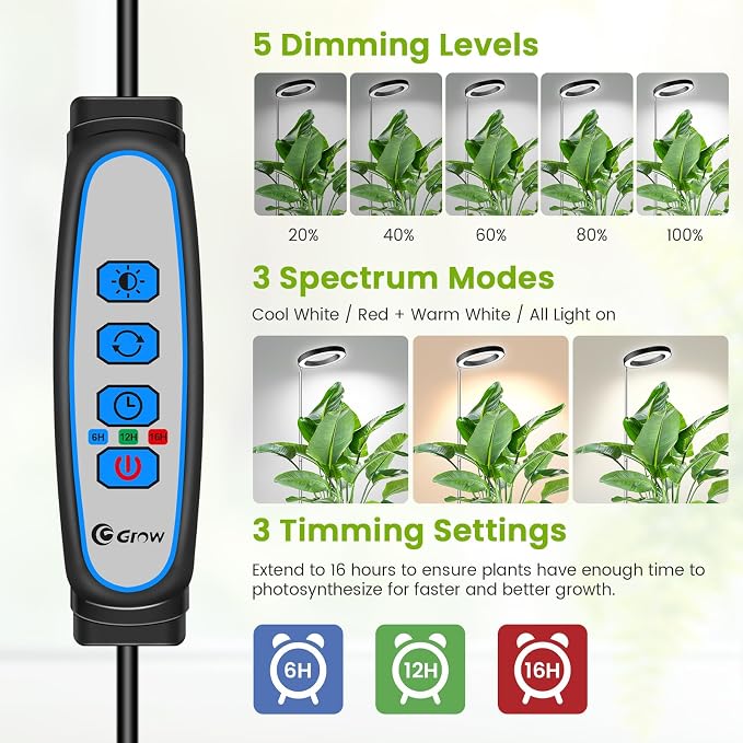 Kullsinss 6.3in Grow Light, Full Spectrum Plant Lights for Indoor Growing | Black Grow Lamp with 6/12/16H Auto Timer, 5 Brightness Level, 10-60in Height Adjustable, for Tall Houseplants & Indoor Garden