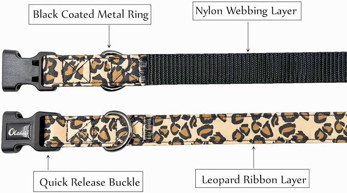 Dog Collar Leash Set, Leopard Pattern, Nylon Webbing Plus Cotton Ribbon, 5ft Matching Leash, for Large Dogs.(L, Brown Leopard)