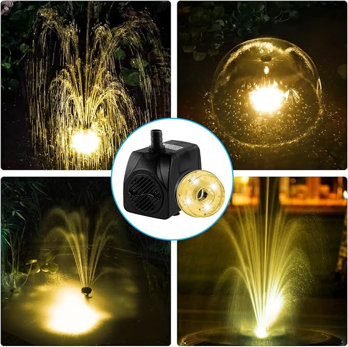 15W 800L/H Submersible Pond Fountain Pump with LED Lights, Ultra Quiet Water Pump, Pond Fountain Pumps for Small Pond, Garden, Aquarium, Fish Tank, Indoor Outdoor Fountain 3 Type Nozzle (Warm)