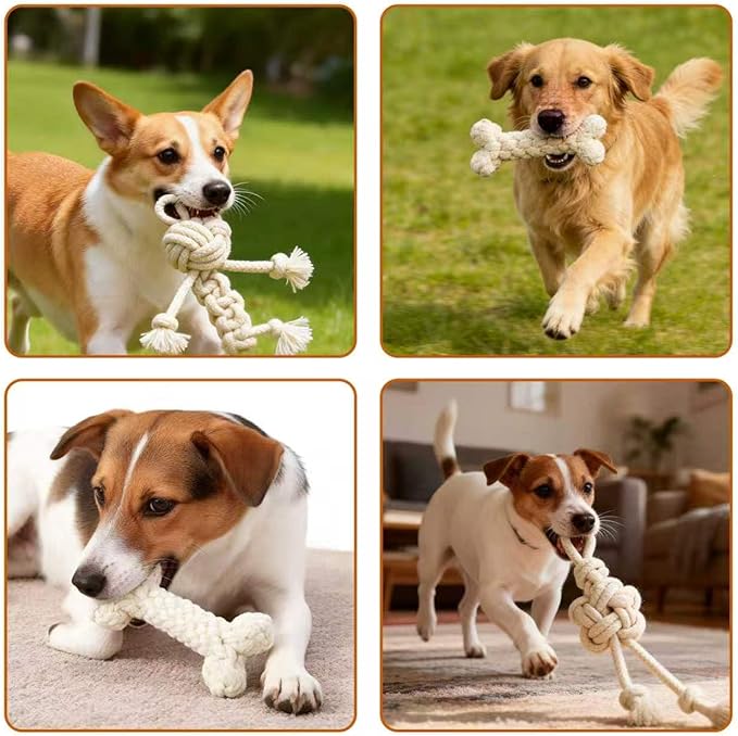 3 Pack Cotton Rope Dog Toy Set, Indestructible Chew Toys for Aggressive Chewers, Puppy Teething Toys with Bone, Human & Chinese Knot Designs for Boredom Relief & Tug of War， White