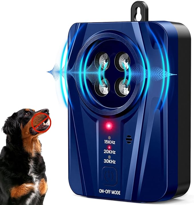 Queenmew Dog Bark Deterrent Devices, Automatic Anti Barking Device with 4 Ultrasonic Transmitters Long Range 50FT, 3 Mode Rechargble Barking Control Devices, Effective Stop Bark Box Outdoor & Indoor