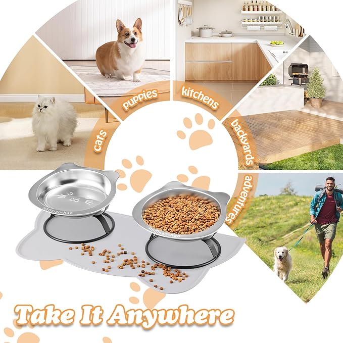 Elevated Cat Bowls with Non-Slip Mat - 7.1" Wide Whisker Friendly Dishes, Neck Stress-Free, Raised Stainless Steel Bowls for Flat-Faced/Senior Cats & Small Dogs, Indoor/Travel Use, 2-Pack