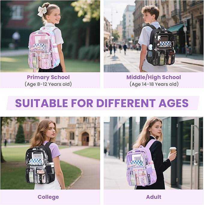 MUSEVOS Clear Backpack for School, Heavy Duty Clear Bookbag for Girls Boys Transparent Backpack with Badge Holder, Purple
