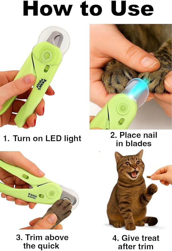Cat Nail Clipper & Small Dog Nail Clippers with LED Light - Illuminates Nails & Bloodline for Safe, Easy Trimming - Extra Sharp, Avoid Over-Cutting - Essential Cat Supplies, Green