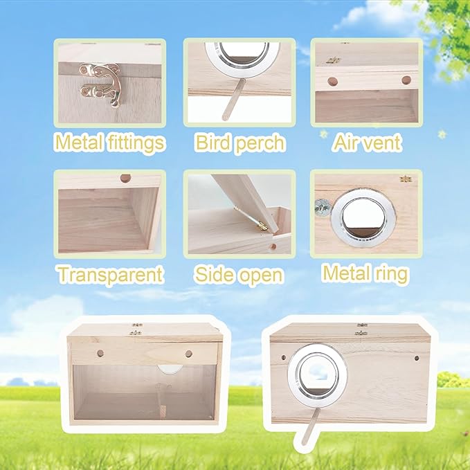 Tfwadmx Parakeet Nesting Box, Transparent Bird Nest Breeding Box, Wood Parrot Nest Box with Perch Bird Cage House for Cockatiel Lovebirds Budgie Canary Finch(S)