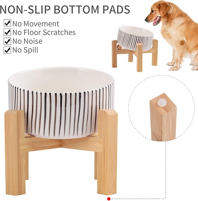 Elevated/Raised 15°Tilted Anti Slip Ceramic Dog Bowl for Small/Medium Breeds,Slanted Bulldog Big Face Pet Food Water Feeding Dish with Stand for Cats and Dogs (3.6 Cups/28 OZ) vertical stripe