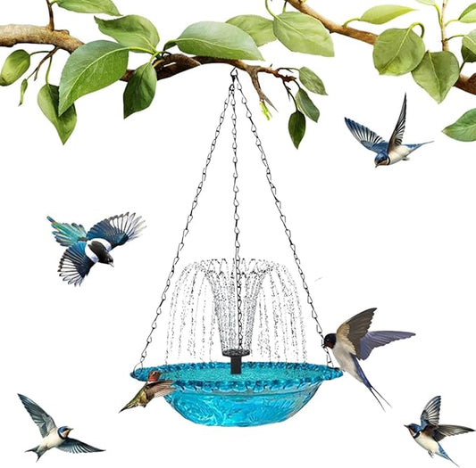 2026 New Cascade Hanging Bird Bath Fountain, Metal Solar Powered Birdbath with Water Pump for Outdoor Garden Decor, Humming Birds Baths Fountains (Blue)